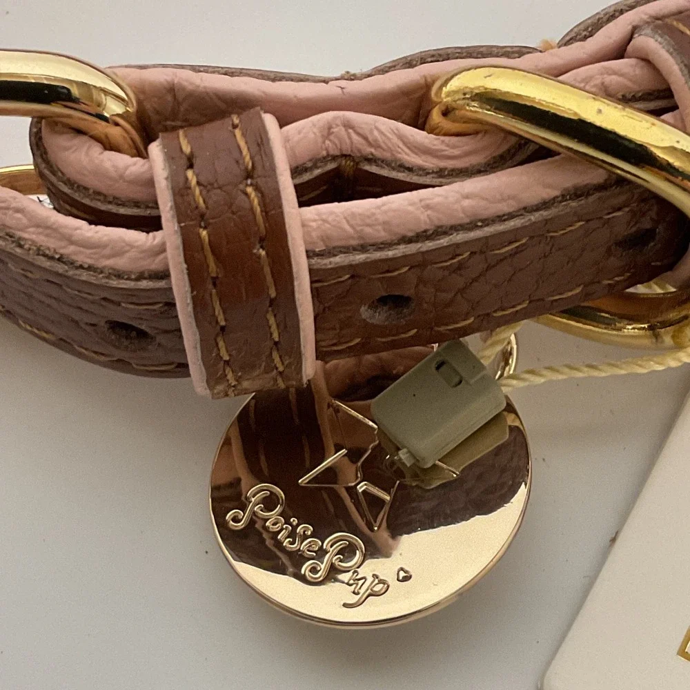Poise Pup Bella Rose Brown Pink Padded Leather Dog Collar Medium Gold Hardware